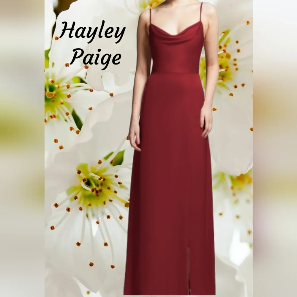 Hayley Paige Maxi Dress Womens Sz 12 Maroon Spagetti Straps Cowl Neck Front Slit